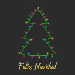 Colorful Christmas tree made of light bulb garland new year greeting card background. Feliz navidad