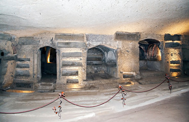 Ancient tombs dug in the tuff rock in the subsoil of Naples (Italy) called catacombs of San Gennaro.