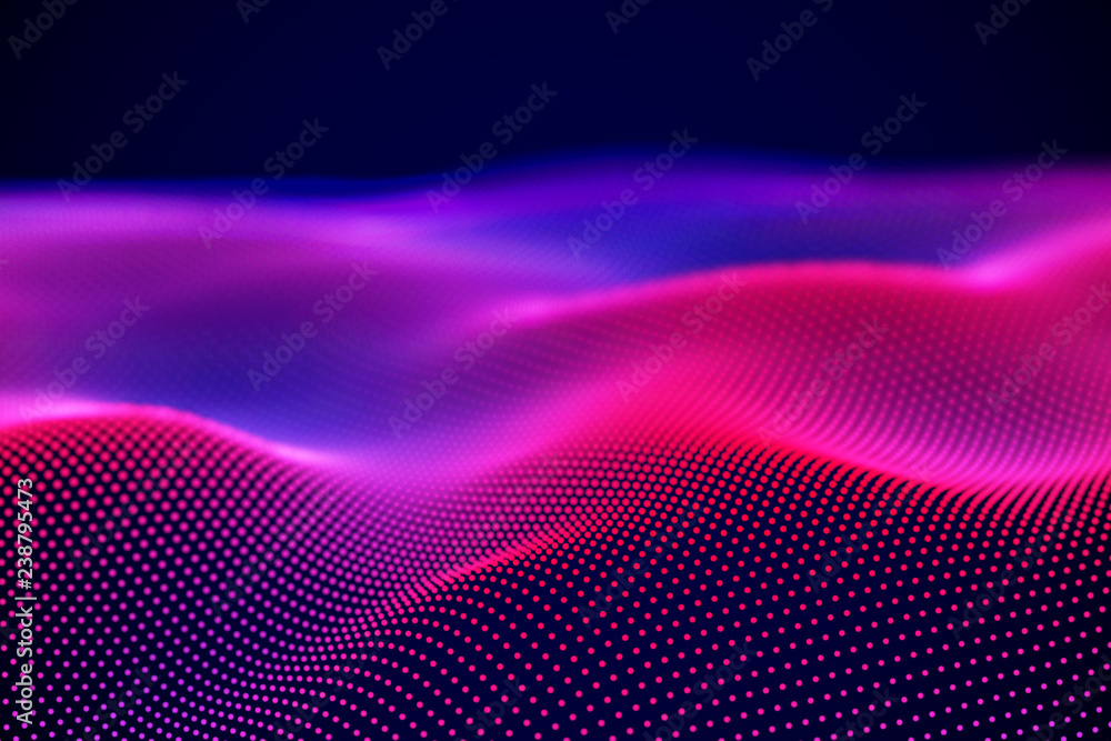 Aufkleber abstract landscape of neon digital particles or sound waves. big data technology background. visuali