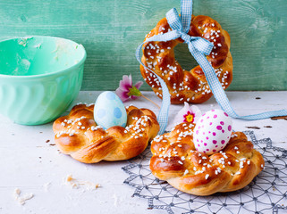 Sweet Easter bread with easter decoration