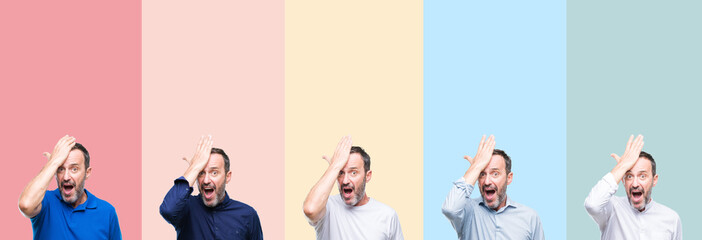 Collage of senior hoary handsome man over colorful stripes isolated background surprised with hand on head for mistake, remember error. Forgot, bad memory concept.