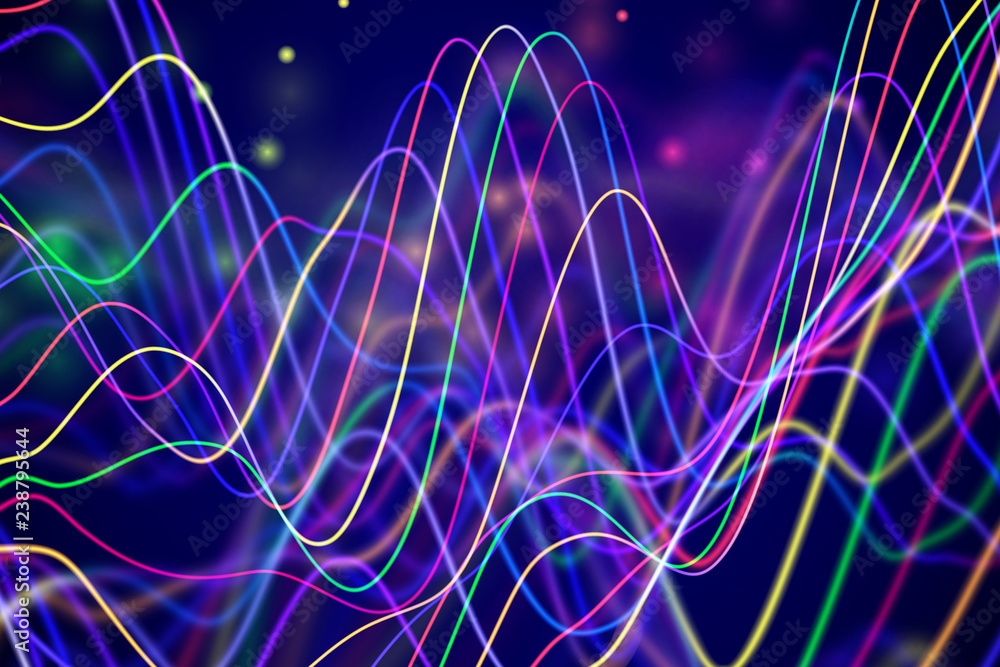 Poster 3d sound waves with floating particles. data abstract visualization. digital concept: virtual landsc
