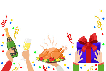 Hands holding a bottle of champagne, a glass, a roasted Turkey and a gift box on a white.