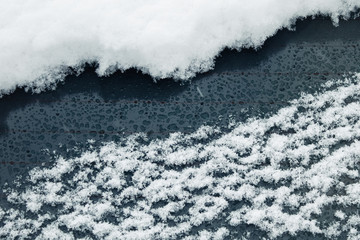 frozen car glass, car glass in ice with snow, frost, snowfall