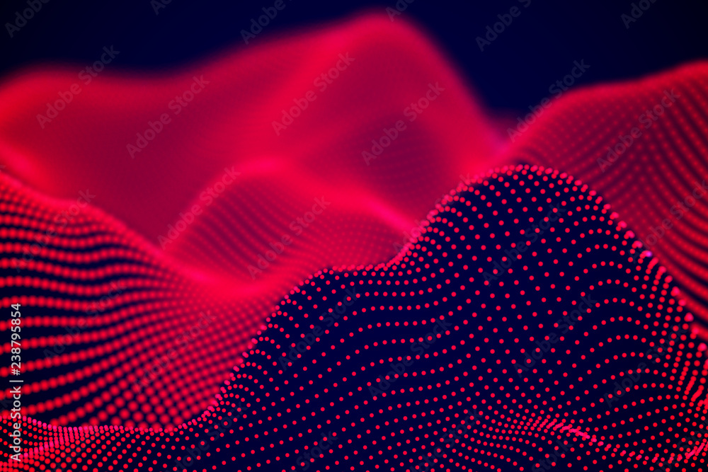 Poster abstract landscape of red digital particles or sound waves. big data technology background. visualiz