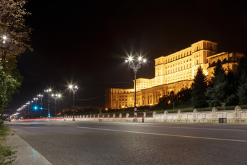 View during the night in front of the Palace of the Parliament in Bucharest.