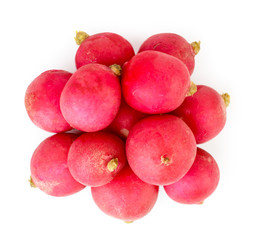 A bunch of radishes on a white. The view from the top.