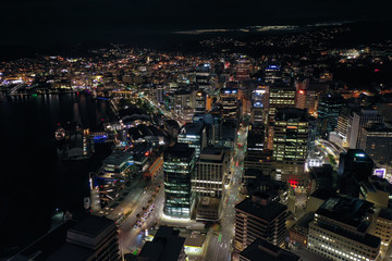 Wellington Skyscrapers At Night, High Angle, New Zealand.
