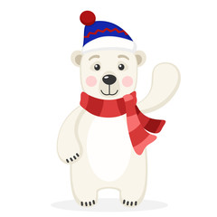 Polar bear in a scarf and hat waving his paw on a white.