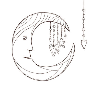 recommend clip art: Moon character for kids coloring book. Vector children art print with stars and moon. Slumber party invitation card.