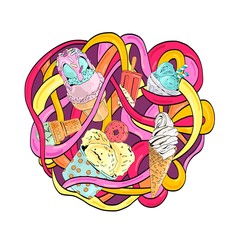 Colorful vector hand drawn doodle cartoon ice cream composition.
