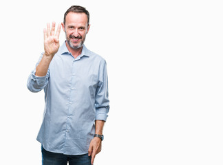 Middle age hoary senior business man over isolated background showing and pointing up with fingers number four while smiling confident and happy.