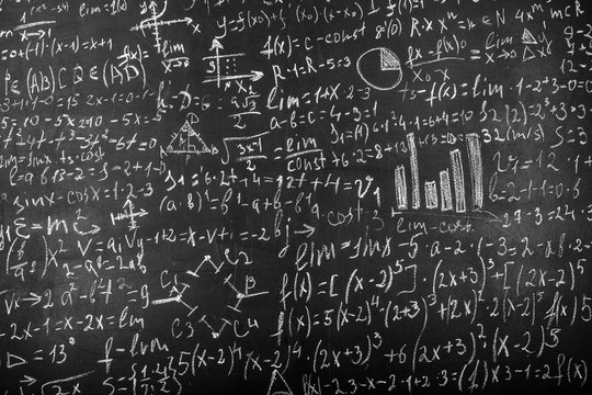 Blackboard inscribed with scientific formulas and calculations in physics and mathematics, background image