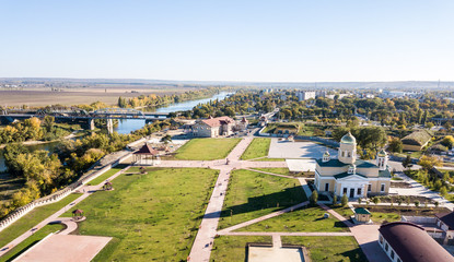 Aerial view of Orthodox cathedral, Peacekeepers bridge, with Bendery city on river of Dniester, breakaway Transnistria republic, officially Moldova
