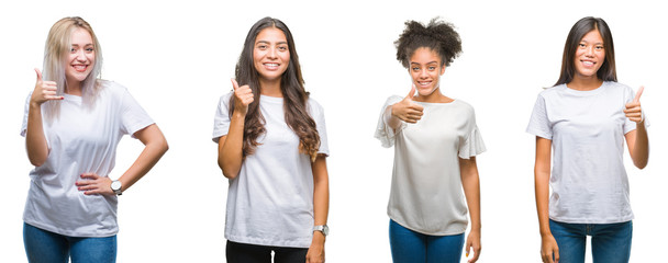 Obraz premium Collage of group of chinese, arab, african american woman over isolated background doing happy thumbs up gesture with hand. Approving expression looking at the camera with showing success.