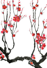 A branch of a blossoming tree. Pink and red stylized flowers of plum mei, wild apricots and sakura . Watercolor and ink illustration in style sumi-e, u-sin. Oriental traditional painting.