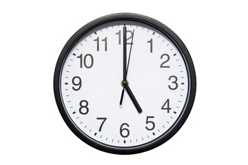 Wall clock shows time 5 o'clock on white isolated background. Round wall clock - front view. Seventeen o'clock