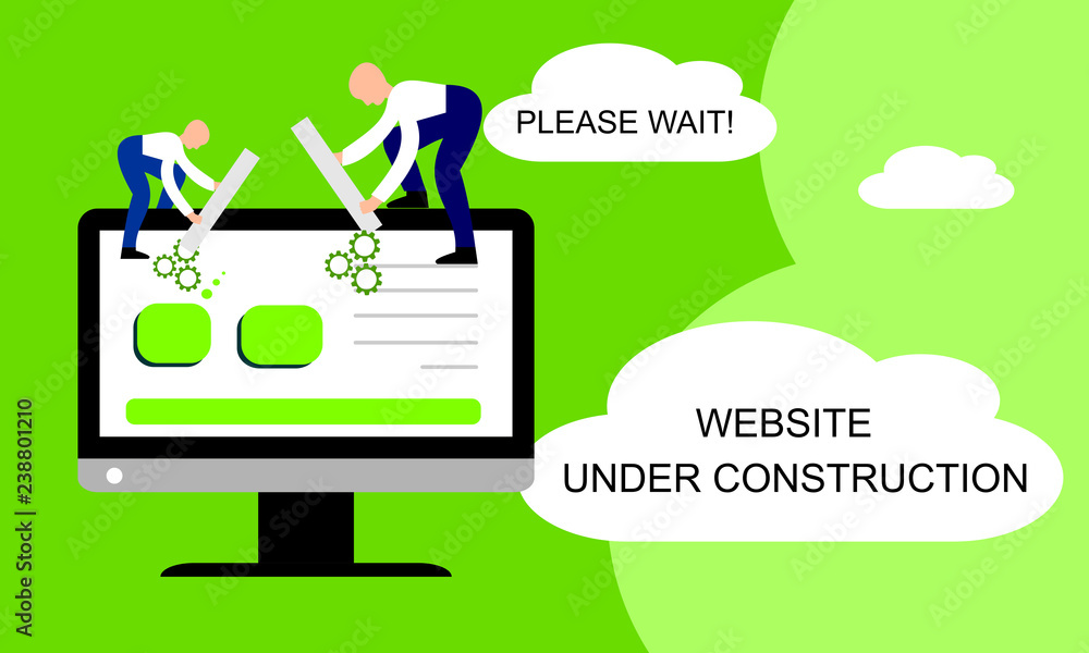 Aufkleber website under construction. two of young professionals working on a web page. web development.