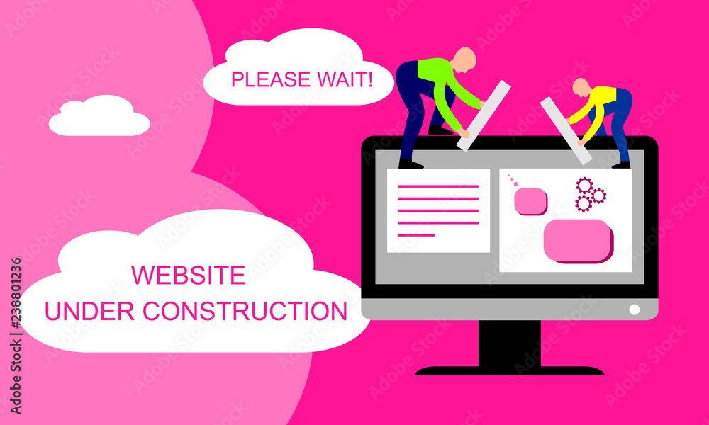 Aufkleber website under construction. two of young professionals working on a web page. web development.