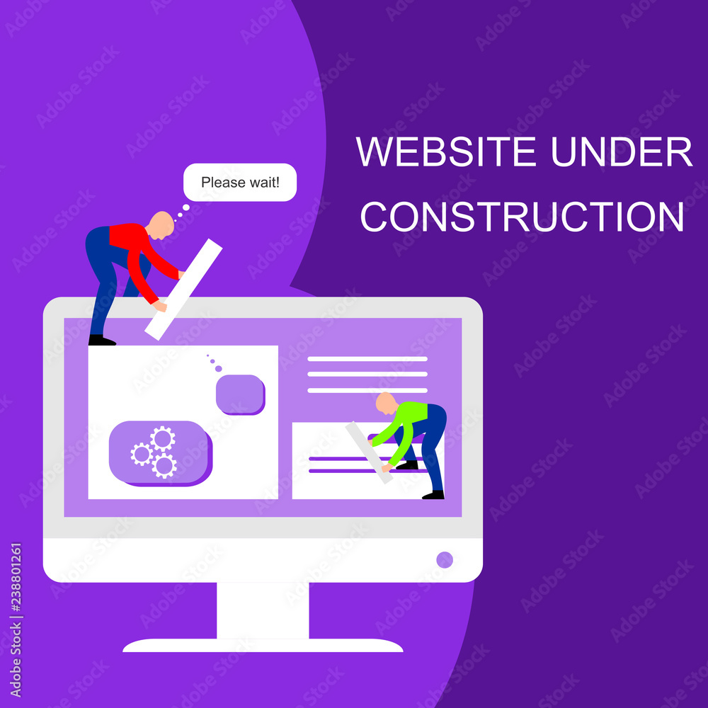 Aufkleber website under construction. two of young professionals working on a web page. web development.