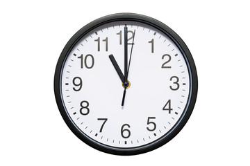 Wall clock shows time 11 o'clock on white isolated background. Round wall clock - front view. Eleven o'clock