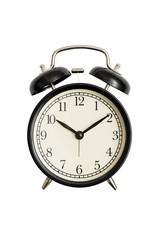 Black alarm clock isolated on white. Black vintage alarm clock isolated on white background