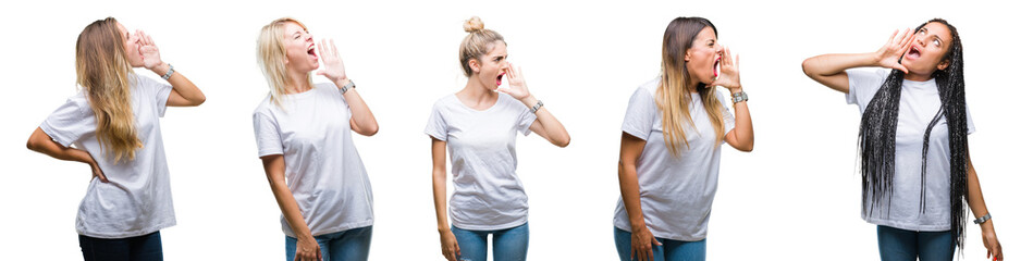 Collage of group of beautiful woman wearing casual white t-shirt over isolated background shouting and screaming loud to side with hand on mouth. Communication concept.