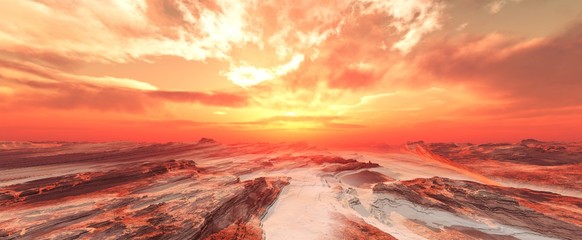 Mars at sunset, sandstorm on Mars, sunrise on Mars,  3d rendering   © ustas