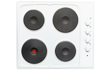 Fototapeta premium Hob, four electric burners made of metal. View from above. Isolated on white background.