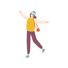 Young beautiful girl in fashionable clothes jumping from happiness and fun.