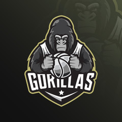 gorilla mascot logo design vector with modern illustration concept style for badge, emblem and tshirt printing. angry gorilla illustration by holding a basketball.