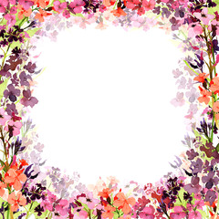 Hand drawn watercolor square rame with meadow small pink and violet flowers and translucent flower layer on white background. Design for cards, invitations, flyers.