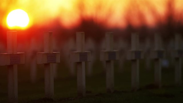 Ypres, Belgium : world war one french military cemetery at sunset