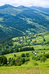 Obraz premium aerial view on mountain slopes with houses. Carpathians Ukraine