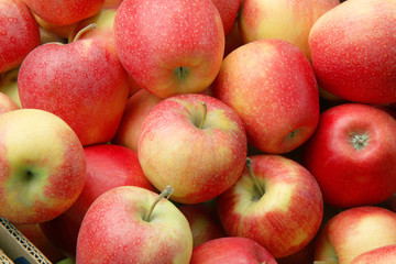 Fototapeta na wymiar Fresh red apples on a market closeup 