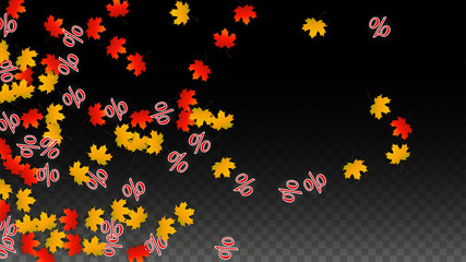 Vector Percentage Sign and Autumn Leaves Confetti on Transparent Background. Percent Sale Background. Business, Economics, Finance Print. Discount Illustration. Promotion poster. Black Friday Banner. 