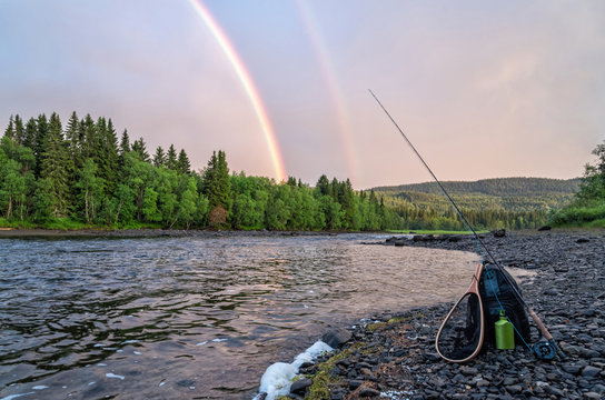 Flyfishing under summer rainbow