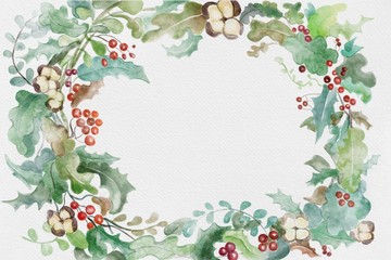 Christmas holidays watercolor winter plants, leaves, flowers and berries wreath with space for text in center