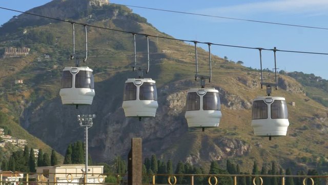 Cable car descending from Taormina to its coastal partner Taormina Mare, Sicily, Italy.