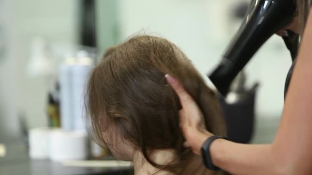 Professional female hair dresser used a hairdryer. Young girl getting her hair dressed in hair salon. Female stylist with a hairdrye