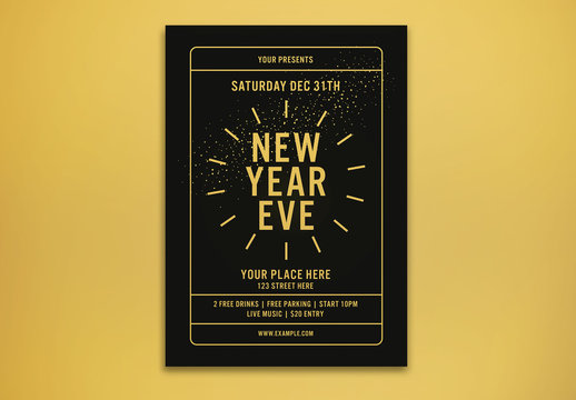 New Year's Party Flyer Layout with Abstract Fireworks Illustrations