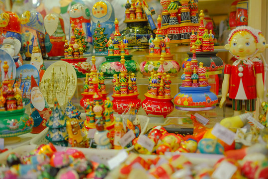 Russian souvenirs at city market in Moscow.