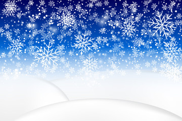 Falling snow background. Realistic snowdrift. Vector illustration with snowflakes. Winter snowy landscape. Eps 10.