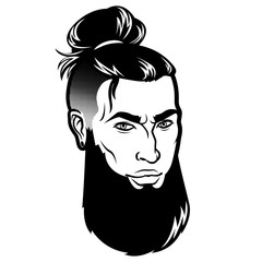 Vector bearded men face hipster head with haircuts, mustaches and beards. For Silhouettes or avatars, emblems and icons, labels