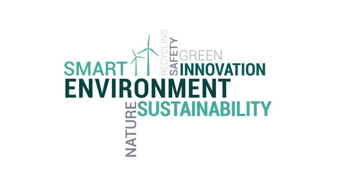 Environment, innovation and sustainability tag cloud with words and icons