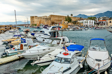 Kyrenia or Girne  historical city center, view to marina with ma