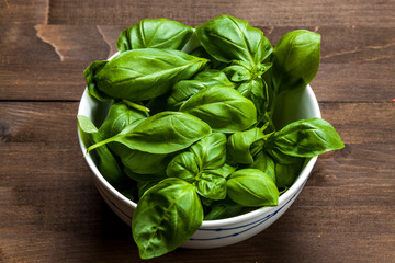 Basil in the pot isolated on wooden background