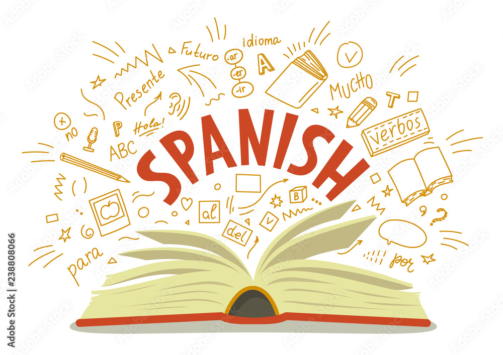 Wall mural Spanish. Open book with language hand drawn doodles and lettering