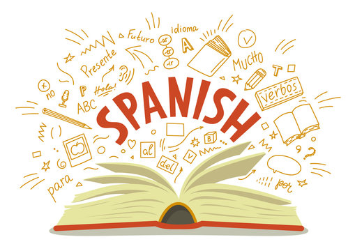 Spanish. Open book with language hand drawn doodles and lettering