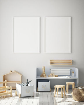 mock up poster frame in children bedroom, Scandinavian style interior background, 3D render, 3D illustration